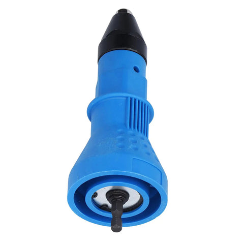 Top Rated Ergonomic Rivet Drill Adapter Kit With Hex Wrenches And Nozzles For Fastening Tasks On Sheet Metal And Auto Parts Using Standard Power Drills To Install Rivnuts Effortlessly. blue plastic rivet nut drill adapter with hex shank, front view