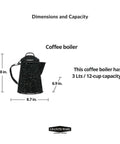 3 Qt Coffee Boiler In Speckled Black For Quick Brews, Rapid Heat Absorption, Holds Up To 12 Cups, dimension details