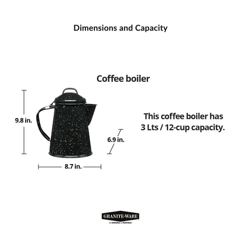 3 Qt Coffee Boiler In Speckled Black For Quick Brews, Rapid Heat Absorption, Holds Up To 12 Cups, dimension details
