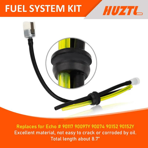 Echo Ready Fuel Line And Air Filter Tune Up Kit For SRM 225 2100 GT200R PB250LN PB250 ES250 Weed Eater Trimmer And Leaf Blower Parts With Primer Bulb Filter, close-up of fuel line with connectors and yellow stripe