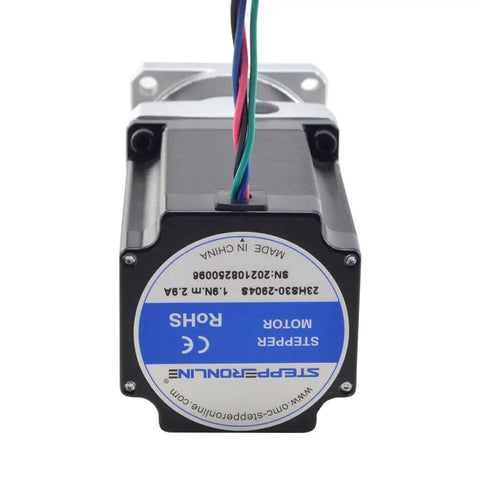 Back view of Nema 23 Stepper Motor 76.5mm with 10:1 MG Series Planetary Gearbox, showing wiring and label details.