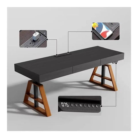 Smooth Electric Lift Standing Desk With Drawer Storage And Usb Charging Port Adjustable Height Home Office Table Built Different For Crushing Your Daily Grind In Sleek Black showing details of built-in USB charging and control panel.