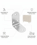 Four Pack Stainless Steel L Brackets 90 Degree Corner Supports For Furniture And Shelves With Mounting Screws, adjustable fit diagram