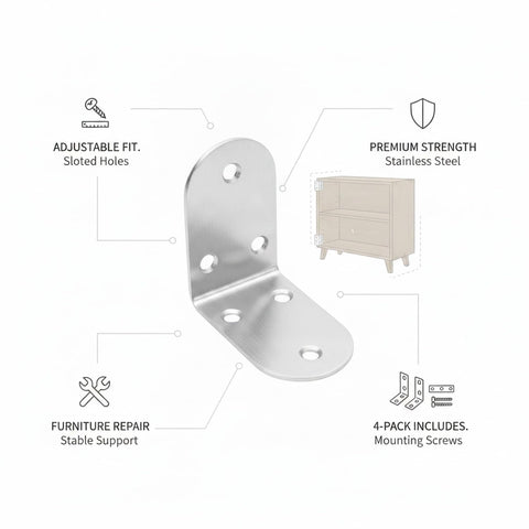 Four Pack Stainless Steel L Brackets 90 Degree Corner Supports For Furniture And Shelves With Mounting Screws, adjustable fit diagram
