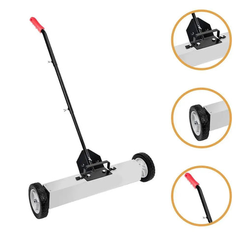 Heavy Duty Metal Sweeper Cart For Garage Pickup. 24 Inch Wide Steel Broom With Adjustable Handle. Perfect For Picking Up Nails, Screws And Shop Trash In Automotive Repair Shops Or Workshops. Easy To Use And Efficient.