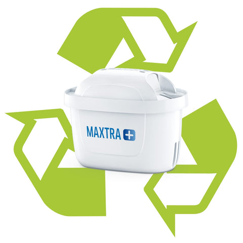 Maxtra Plus replacement water filter cartridge in front of green recycling symbol, designed for BRITA jugs, six count pack.