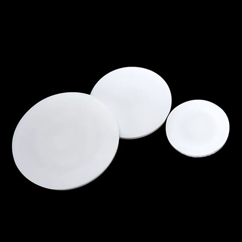 Set Of 10 White PTFE Round Discs, 40mm Diameter, 2mm Thick, displayed in different sizes for DIY and pro projects