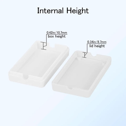 Compact ABS Plastic Electrical Project Box Enclosure Kit 8 Piece White Small Junction Box For DIY Power Electronics Space Saving Enclosure With External 2.36 x 1.42 x 0.67 Inches And Internal 2.17 x 1.22 x 0.47 Inches showing internal height dimensions of lid and box