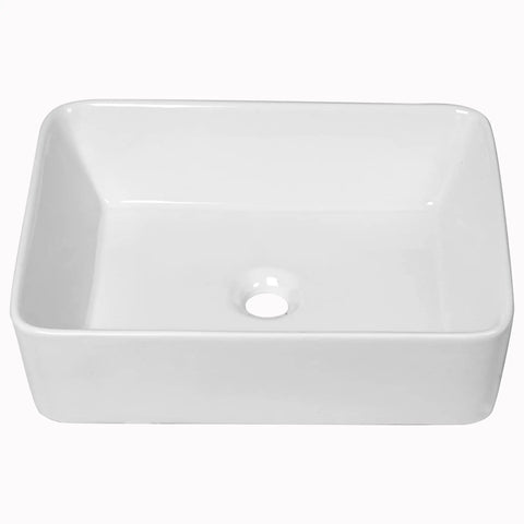 Rectangular Vessel Sink For Above Counter Mount Modern Porcelain Ceramic Lavatory Vanity Basin Durable Stain Resistant White Finish Sleek Bathroom Upgrade With Easy Cleaning And Contemporary Look, top view showing drain hole
