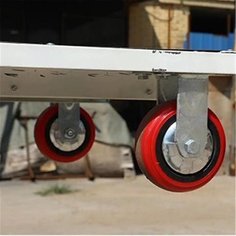 Heavy Duty Electric Lifting Elevator Mobile Lift Truck Folding Flatbed Cart For Warehouse Freight Handcart Easy Storage In Trunk wheels close-up view.