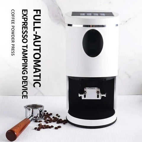 Premium 58Mm Electric Espresso Tamper Featuring Sturdy Adjustable Aluminum Base Hella Smooth Coffee Tamping Tool For Quick Barista Shots In Sleek Black, with automatic tamping device and portafilter.
