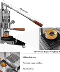 Top Shelf Manual Espresso Machine With 58mm Standard Filter Basket And Adjustable Pressure Gauge crafted from premium stainless steel, showcasing espresso in glass.