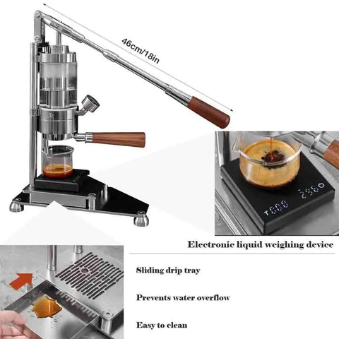 Top Shelf Manual Espresso Machine With 58mm Standard Filter Basket And Adjustable Pressure Gauge crafted from premium stainless steel, showcasing espresso in glass.
