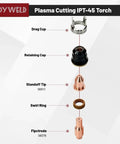 Diagram of 23Pc Plasma Electrode And Nozzle Kit For IPT-45 45A Plasma Torch with labeled parts including swirl ring, retaining cap.