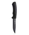 Bushcraft Survival Fixed Blade Knife With Carbon Steel Blade Black DLC Coated 4.3 Inch with ergonomic handle shown.