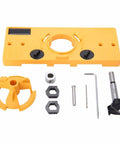 Professional 35mm Hinge Drilling Jig Plus 35mm Forstner Bit Set components with yellow guide, drill bits, and adjustment tools.