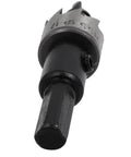 Close-up of Pro Grade 17mm Hole Saw Set With 68mm Length HSS Spring Loaded Twist Drill Bit for wood, plastic, metal cutting.
