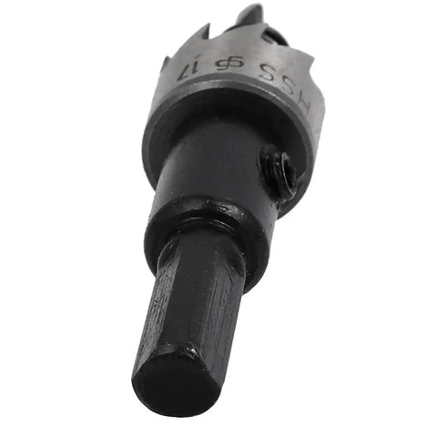 Close-up of Pro Grade 17mm Hole Saw Set With 68mm Length HSS Spring Loaded Twist Drill Bit for wood, plastic, metal cutting.