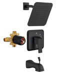 Dope Matte Black Tub Shower Faucet Set With 8 Inch Rain Shower Head, Tub Spout, Single Handle Valve and components shown