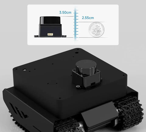 D500 LiDAR Kit With 360 Degree Scanning And 12 Meter Range High Precision For SLAM Robotics Drones UAVs And 3D Mapping Applications Built For Real Time Environment Scanning DTOF Tech And Seamless Outdoor Indoor Mapping displayed on robotic platform with size comparison