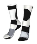 Game Changing Compression Socks For Men And Women Rocking A Dope Black And White Piano Plate Grid Pattern, unisex, moisture wicking.