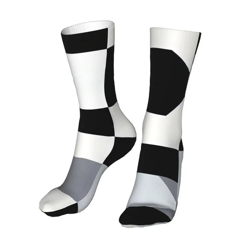 Game Changing Compression Socks For Men And Women Rocking A Dope Black And White Piano Plate Grid Pattern, unisex, moisture wicking.