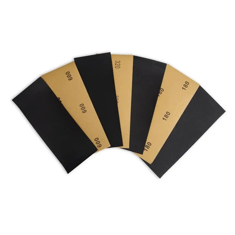 Get Fresh 100 Pc Assorted Wet Dry Sanding Sheets Sized At 9x3 8 Inch for wood metal polishing, showing various grits, black and brown sheets.