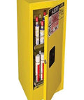 Compact Benchtop Safety Cabinet For Aerosol Cans Holds Twenty Four With Smooth Rollout Shelves And Secure Key Lock Keeps Gear Safe Tight Footprint Meets All Osha Standards, yellow cabinet with open door showing cans inside.