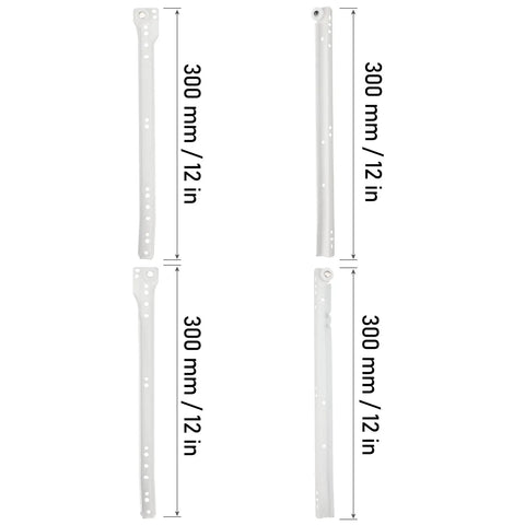 Six Pairs Of 12 Inch Bottom Mount Drawer Slides For Heavy Duty Rails With Mounting Screws, White Finish, Easy Install, Durable Cold Rolled Steel, Fits Bottom Or Side Mount, Replacement Hardware For Smooth Glide; 300 mm/12 in