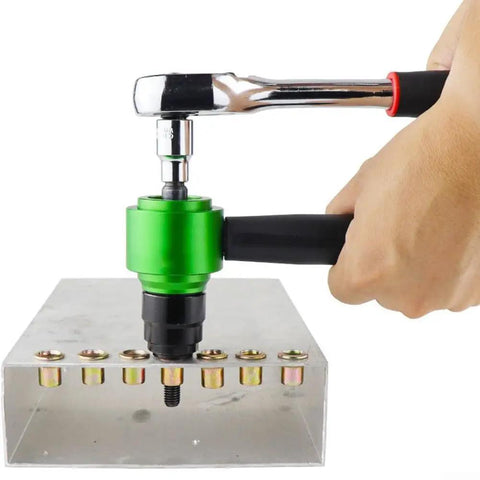 Transform Your Drill Into A Riveter With This Killer Adapter Kit Including Mandrels And Nuts For Effortless Fastening On Any Heavy Duty Project Right Now hand tool on metal sheet