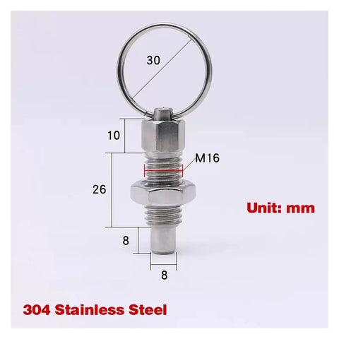 Heavy Duty Stainless Steel Spring Plunger Index Lock Pin Set Two Piece M16 with pull ring and size details shown