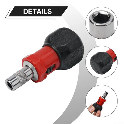 Heavy Duty Compact Quarter Inch Hex Ratchet Screwdriver With Quick Forward Reverse Switch And Slick Pocket Friendly Design, close-up view of textured grip.