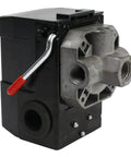 Beefy Pressure Switch Control For Air Compressor 90 To 125 Psi Four Port 26 Amp Heavy Duty With Unloader Valve On Off Lever Factory Set Quarter Inch Compression Connection, side view showing lever and ports.