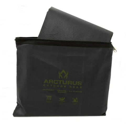 Rock Solid Insulated Tarp And Thermal Survival Blanket in black carry bag, measuring 60 x 82 inches for easy transport.