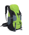 Green and black 50L waterproof hiking backpack with comfort back pad, ripstop nylon suitable for camping and mountaineering.