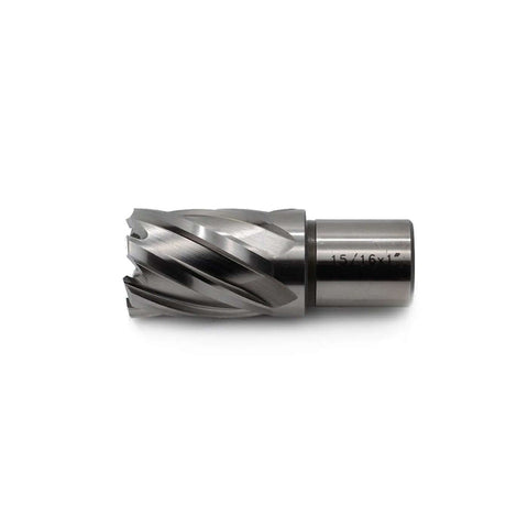 Oscarbide annular cutter (side view) with 3/4 in Weldon shank, 15/16 in cutting diameter, 1 in depth of cut.
