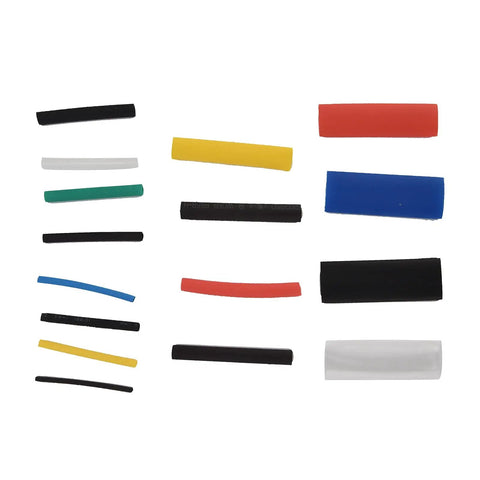 Colorful Heat Shrink Tubing Kit With 580 Pieces For Wire Insulation Protection And Leak Prevention, Fast Shrinking At 84C Temp, Durable Polyolefin Material With 2:1 Ratio To Keep Your Cables Snazzy And Secure. Assorted heat shrink tubes in black, red, blue, yellow, white, and green