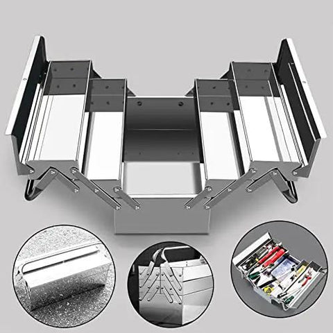 Tough as Nails Stainless Steel Tool Box Triple Layer Folding Design Portable Heavy Duty Storage Organizer Rugged Silver Case for Auto Repair Mechanics and DIY Projects 465X205X165mm Work Ready