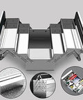 Built Like A Tank Knock Around Durable Foldable Stainless Steel Toolbox Set With Three Layer Compartments For Rugged Car Garage And Home Gear Organization Storage, open view showcasing three compartments.
