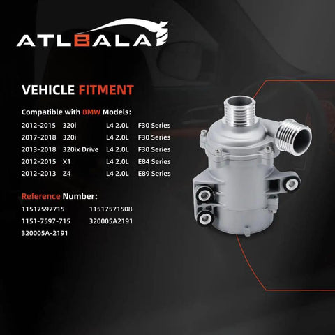 Heavy Duty Electric Engine Water Pump For Bmw 234 Series X1 X3 Z4 2012 Through 2018 showing vehicle fitment and reference numbers.