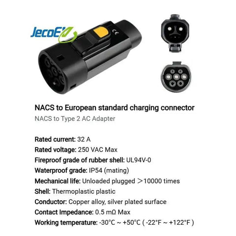 Hella Durable EV Charging Adapter NACS To IEC 62196 Type 2 Connector with waterproof IP54 shell, 32 Amp, 250 Volt.