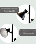 Close-up of Black Tree Floor Lamp's adjustable heads and bulb compatibility for living room, bedroom, office lighting.