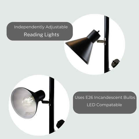Close-up of Black Tree Floor Lamp's adjustable heads and bulb compatibility for living room, bedroom, office lighting.
