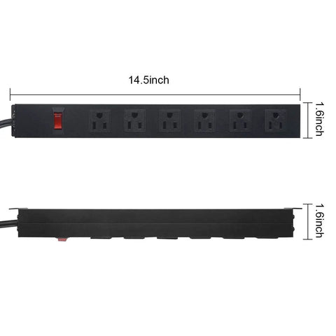 Wall Mount Power Strip With Six Wide Spaced Outlets And Built In Switch, Aluminum Alloy Mount Socket, side and front view