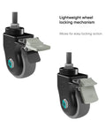 Close-up of heavy duty 3 inch locking caster wheels set of 4 for TV carts and rolling TV stands smooth swivel casters with brakes black