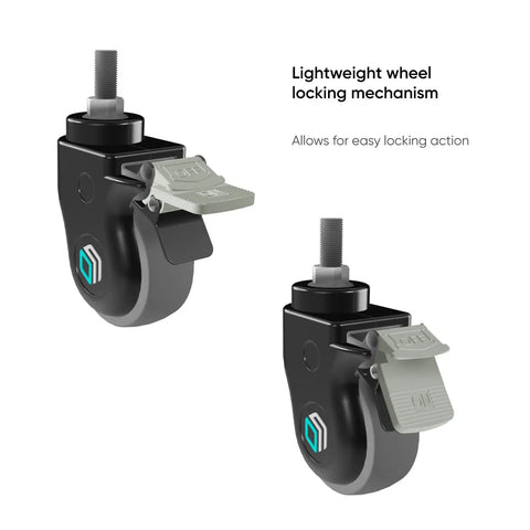 Close-up of heavy duty 3 inch locking caster wheels set of 4 for TV carts and rolling TV stands smooth swivel casters with brakes black