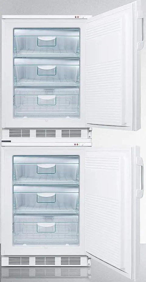 Stack Your Stash In This Pro Grade 24 Inch Stacked All Freezer Running Cold Down To Minus 25 Degrees With Manual Defrost secure locking door and removable basket drawers visible.
