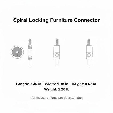 Diagram of Spiral Locking Furniture Connector Built With Tough Q235 Steel showing multiple views and dimensions for bed frames.