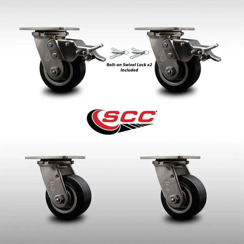 Top Tier Heavy Duty 316 Stainless Steel Swivel Caster Set Featuring 4 Inch Rubber On Aluminum Wheels and Grease Free Delrin Bearings.