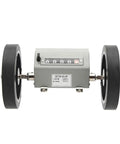 Dead Reliable Mechanical Length Counter With Double Rolling Wheels For Tight Yard Meter Tracking Robust Stainless Steel Frame view from the side with precise dial.